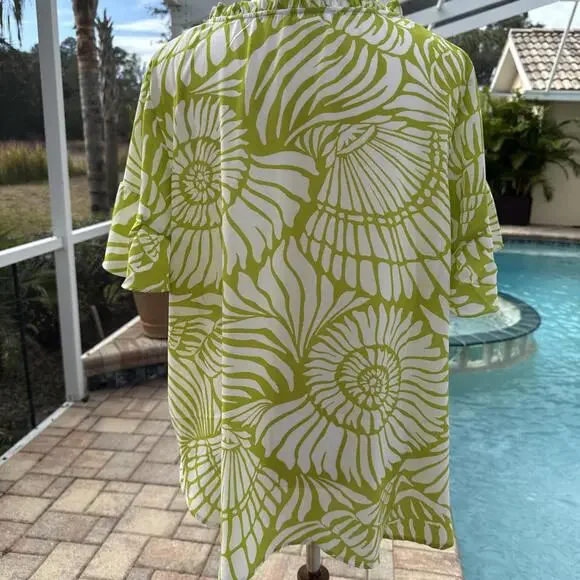 Cynthia Rowley Lime Green White Abstract Sea Shell Short Sleeve Top Blouse 2X - Picture 4 of 8